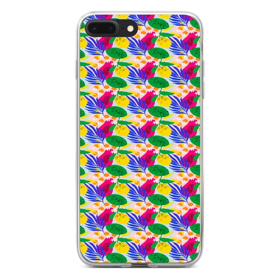 DistinctInk Clear Shockproof Hybrid Case for iPhone 7 PLUS / 8 PLUS (5.5" Screen) - TPU Bumper, Acrylic Back, Tempered Glass Screen Protector - Summer Vibes Floral Pattern Pink Green Yellow