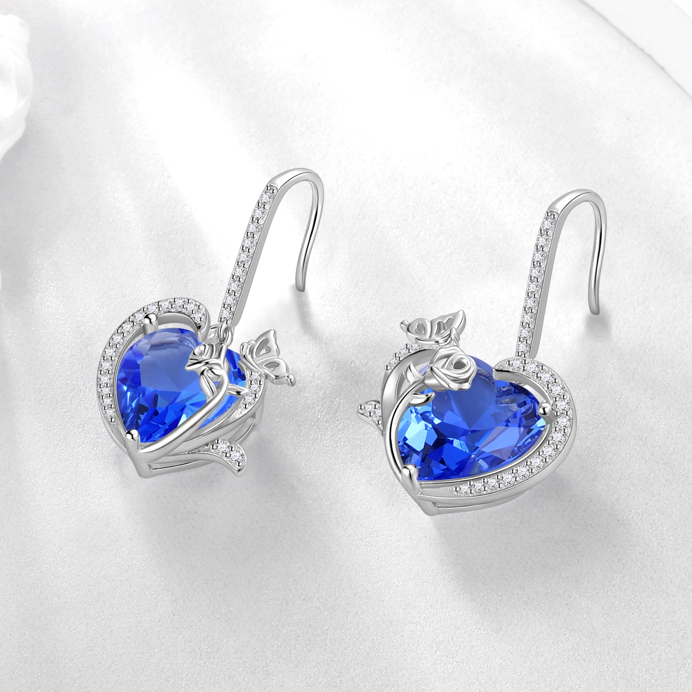 Juwaliy Women Drop Earrings December Birthstone Heart Tanzanite Blue Butterfly Rose Jewelry 925 Sterling Silver Hook Earring Christmas Mother's Day Gift for Her