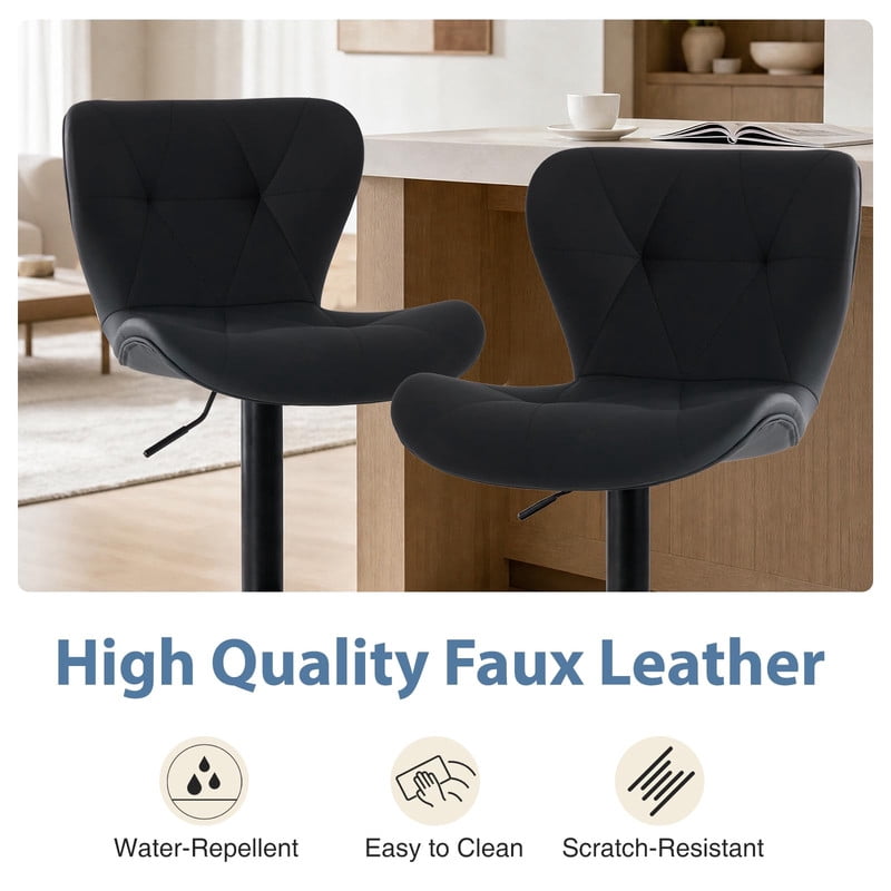 Kelno Swivel Bar Stools Set of 2 Adjustable Height PU Leather Seat with Backrest 360° Swivel for Kitchen Island, Ink