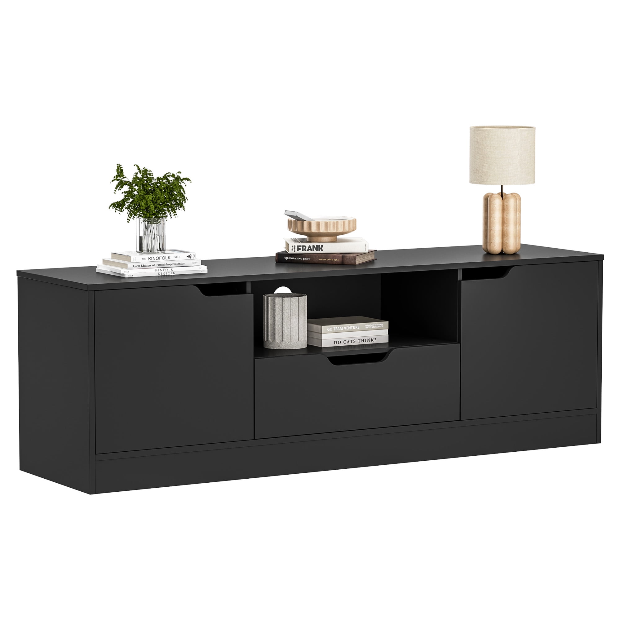 Modern TV Stand for 55/60/65 Inch TV, Media TV Console Table with 2 Doors & Drawer, Entertainment Center with Storage Cabinet for Living Room, Bedroom, Black