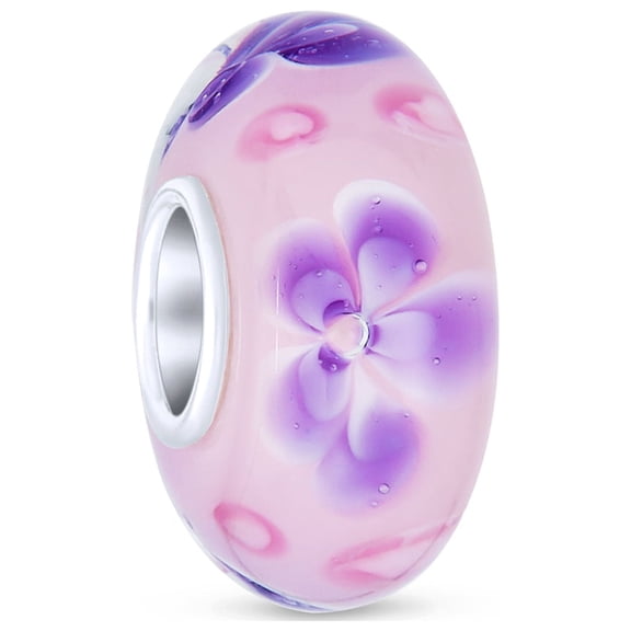 Bling Jewelry Womens Murano Glass Charm Bead with Sterling Silver Core - Floral Design for Bracelets