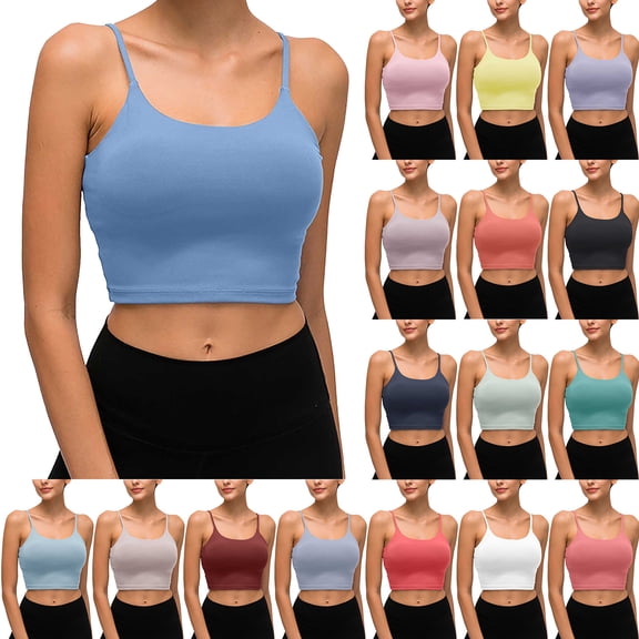 Gymayou Women Thin Strap Sports Bra Crop Cami Tank Tops Padded Support Scoop Neck Yoga Bralette Workout Vest for Gym Running Daily Light Brown L