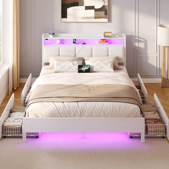 Greenstell Queen Bed with Headboard and Charging Station, Upholstered Bed with 4 Drawers and RGB LED Lights,Off White