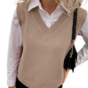 Jillumi Womens V Neck Sweater Vest Cable Knit Sweaters Loose Pullover Top