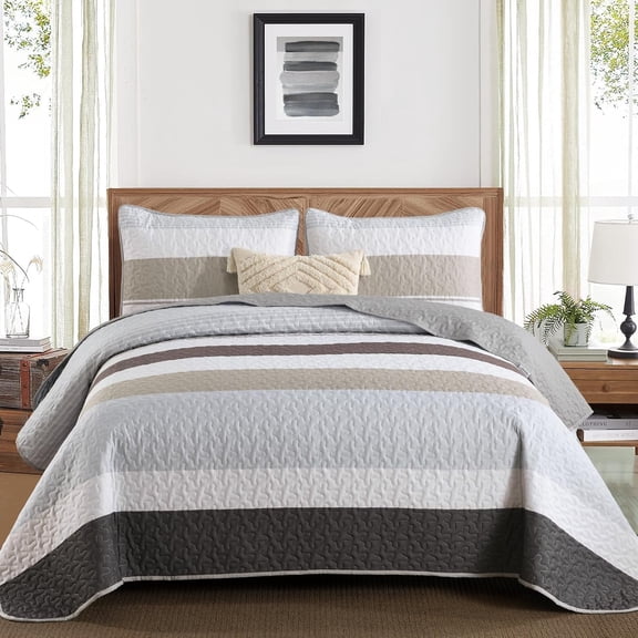 Grey Boho Quilt Set Queen Size Bedding Set Striped Patchwork Bedspread Coverlet All Season 96"x90"