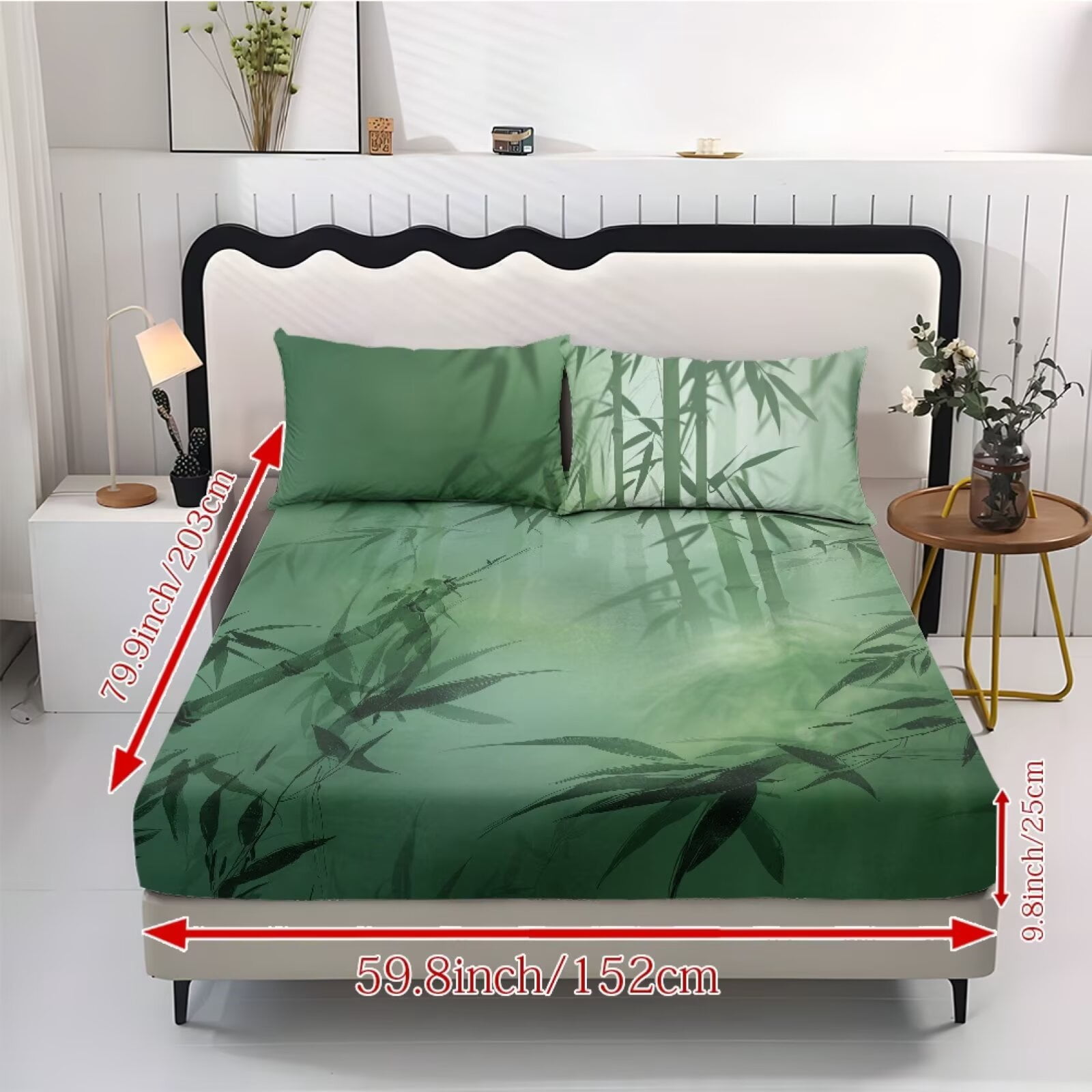 ZIATUBLES Oriental Bamboo Print Queen Size Sheet Set 3 Pcs, 1 Fitted Sheet and 2 Pillowcases, Oriental Style Bed Sheets with Elasticized 9.8" Pocket Soft Comfy Cooling Bedding Set