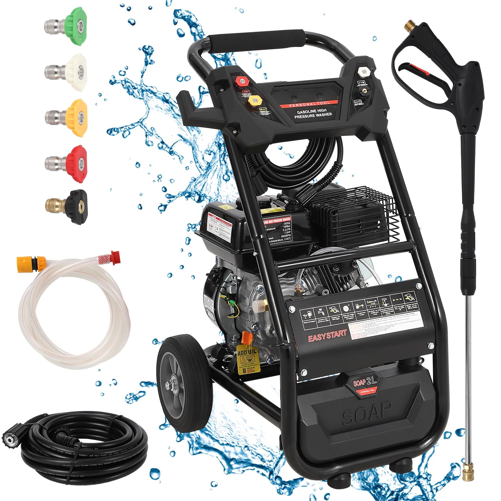 Towallmark Pressure Washer – 3600 PSI Electric & 210CC Gas High-Pressure Washer with 2.6 GPM Flow, 26ft Hose, and 5 Nozzle Attachments for Patio and Car Cleaning