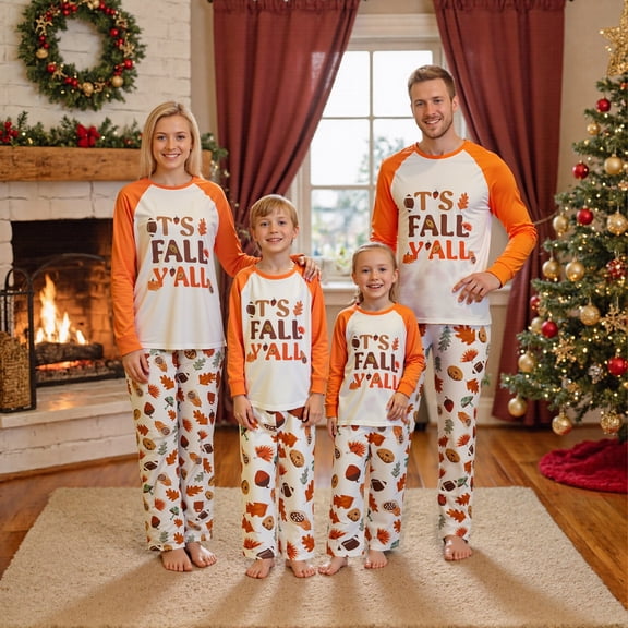 Thanksgiving Matching Pajamas for Family Letter Maple Leaf Print Long Sleeves Top Pant Loungewear