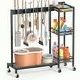 thumbnail image 2 of Broom Holder with Cleaning plies Organizer Broom Closet Storage Cabinet with Cleaning Caddy Cleaning Cart with Mop Hanger Gripper Rack Hooks Janitorial Housekeeping cart Laundry Room Organization, 2 of 8
