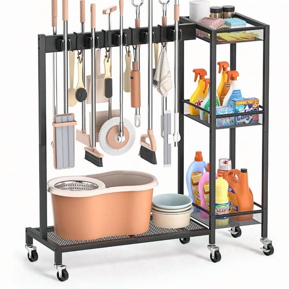 Broom Holder with Cleaning plies Organizer Broom Closet Storage Cabinet with Cleaning Caddy Cleaning Cart with Mop Hanger Gripper Rack Hooks Janitorial Housekeeping cart Laundry Room Organization