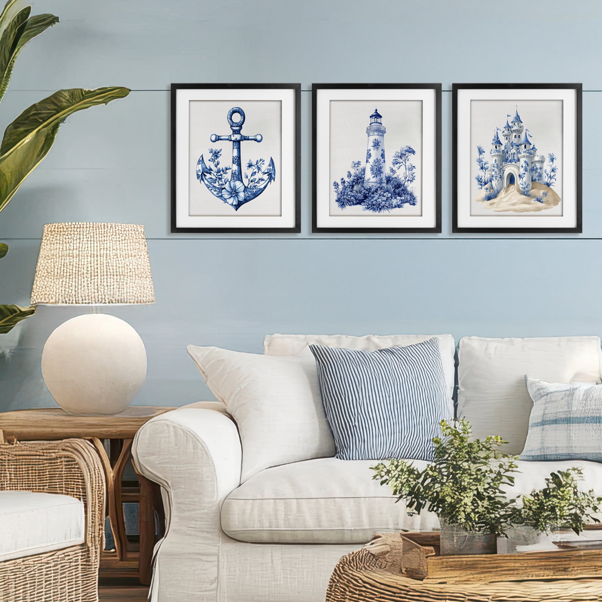 Ornate Nautical Toile Patterns 3 Piece Black Framed Print Under Glass Set, design by Lettered and Lined