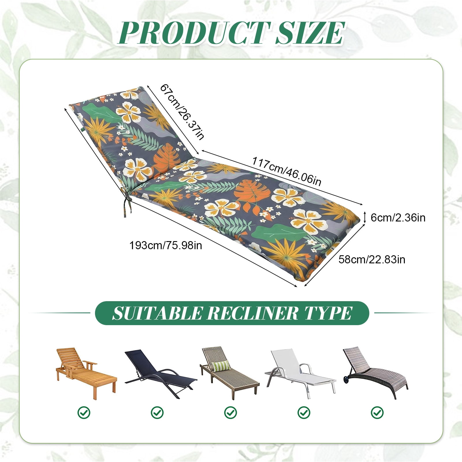 Eurhowing Outdoor Chaise Lounge Cushion 76"×23"×3", Waterproof Thick Patio Furniture Cushions with Straps, High-Density Foam Chair Pads for Poolside & Deck, 2 Pack, Floral