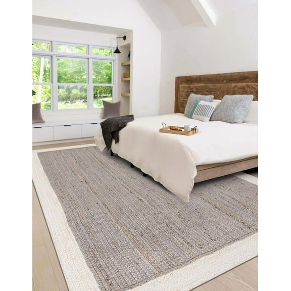 4x5 Ft Gray & White Jute Area Rug, Hand-Woven Farmhouse Boho Style, Durable & Pet-Friendly Rug for Living Room, Dining Room, Bedroom and Hallway etc.