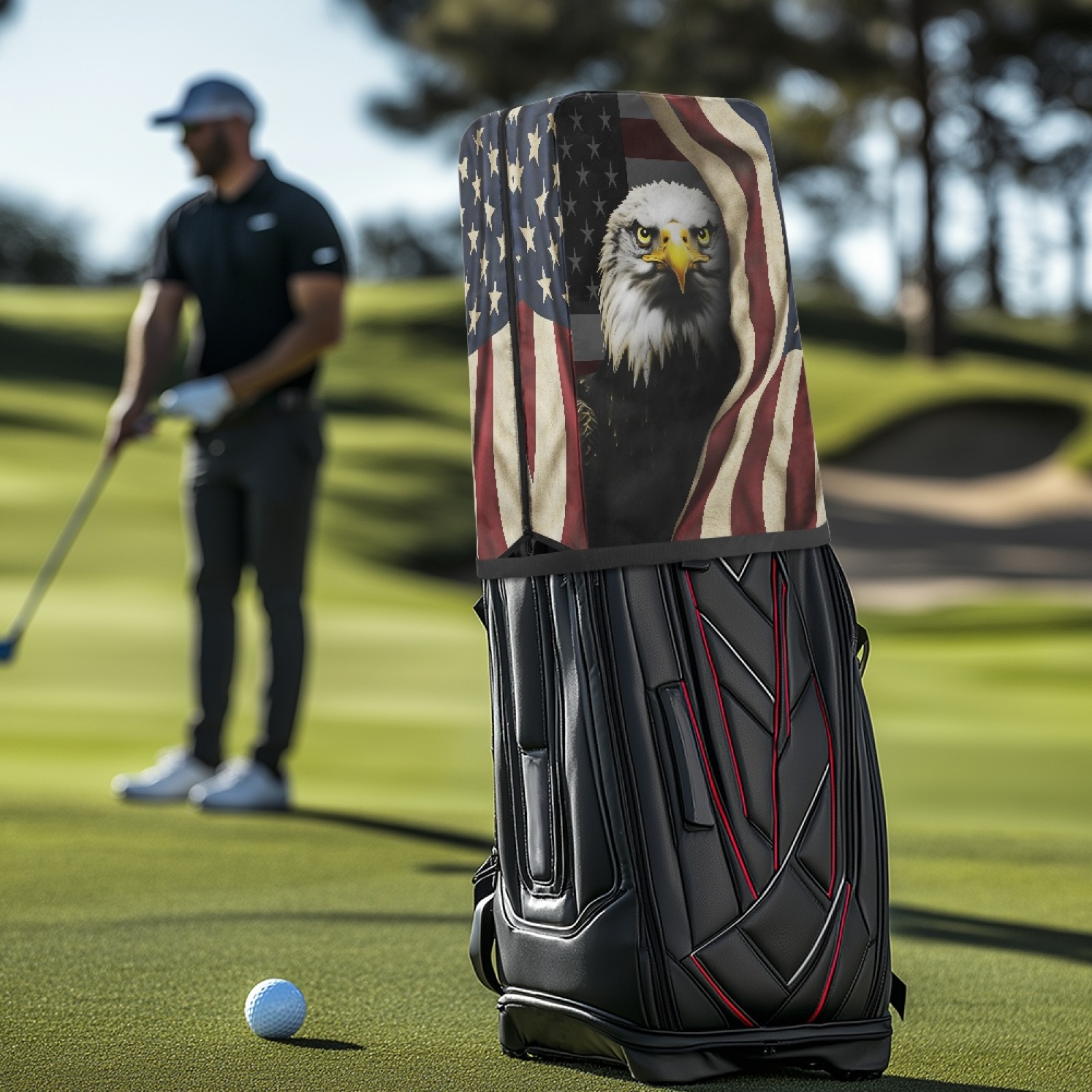 Yuyamidu Eagle Golf Bag Cover USA Flag Hood Golf Bag Umbrella for Clubs with Snap Button One Size Fit Most Stand Bags, Dust and Sun Protection