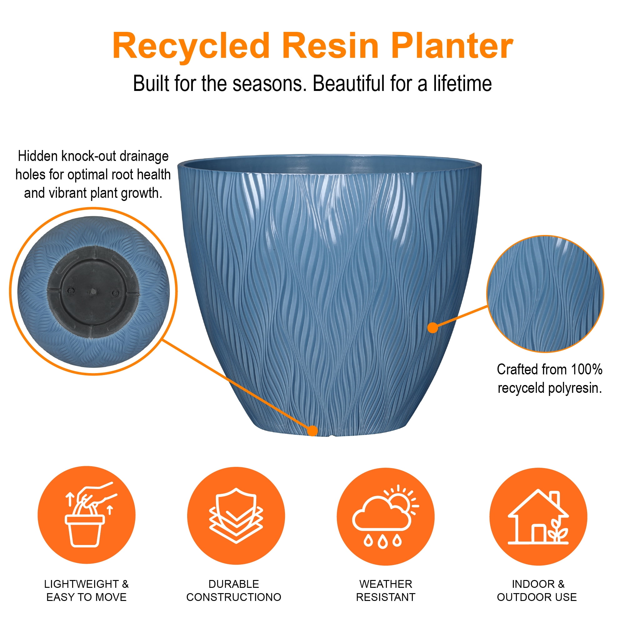 Mainstays River Round Recycled Resin Planter, Blue Paradise, 12 in x 12 in x 10.4 in