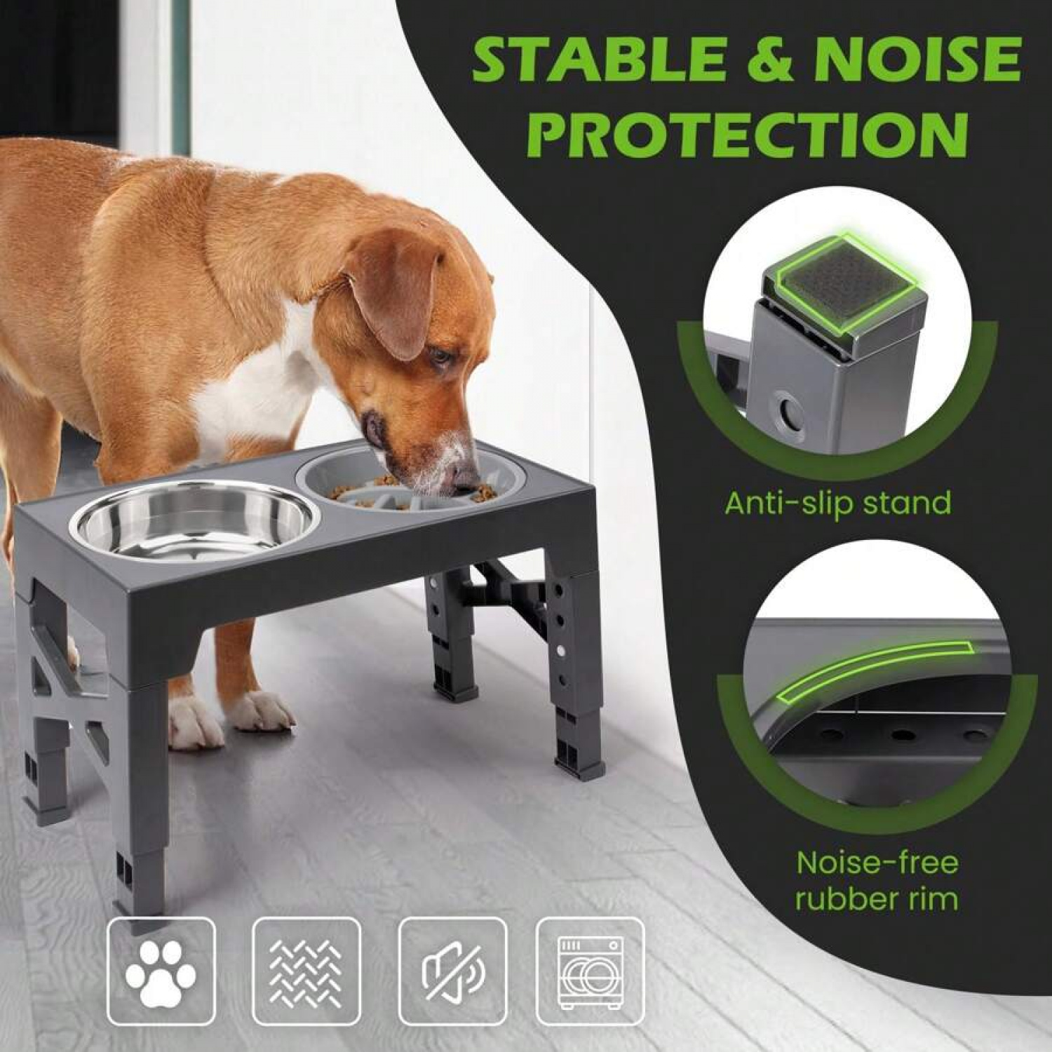 NTGFU Grey 5 Adjustable Heights Raised Dog Bowl Stand with 2 Stainless Steel Dog Food Bowls and 1 Slow Feeder Dog Bowl, Adjusts To Height 3.2" To 12.2" for Small Medium Large Dogs