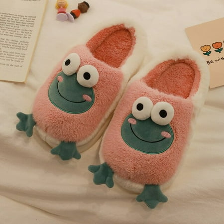 

CoCopeanut Cartoon Frog Slipper for Women Cute Faux Fur Platform Home Ladies Slippers Winter Indoor Warm Plush Soft Shoes Fuzzy Flip Flops