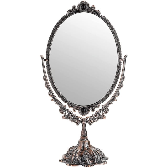 Espejo de maquillaje ovalado antiguo, espejo de doble cara de cobre rojo con reflejos de belleza para tocador, fotografía y vestidor, grande