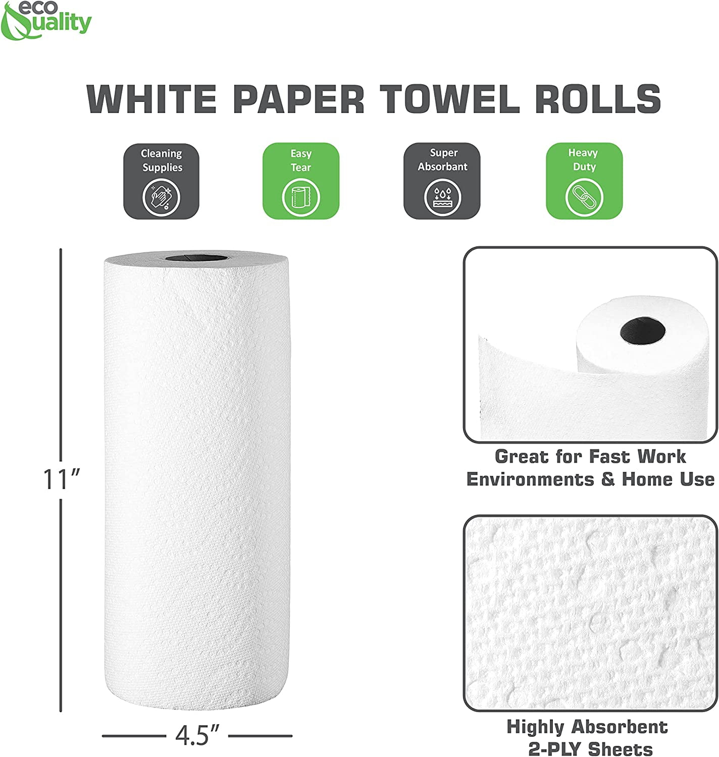 EcoQuality 2-Ply White Kitchen Perforated Paper Towel Rolls - Easy Tear, Strong, Individually Wrapped USA MADE - Household Roll Towel Paper - Multi-Surface, Cleaning, Kitchen, Bathroom, Office (6)