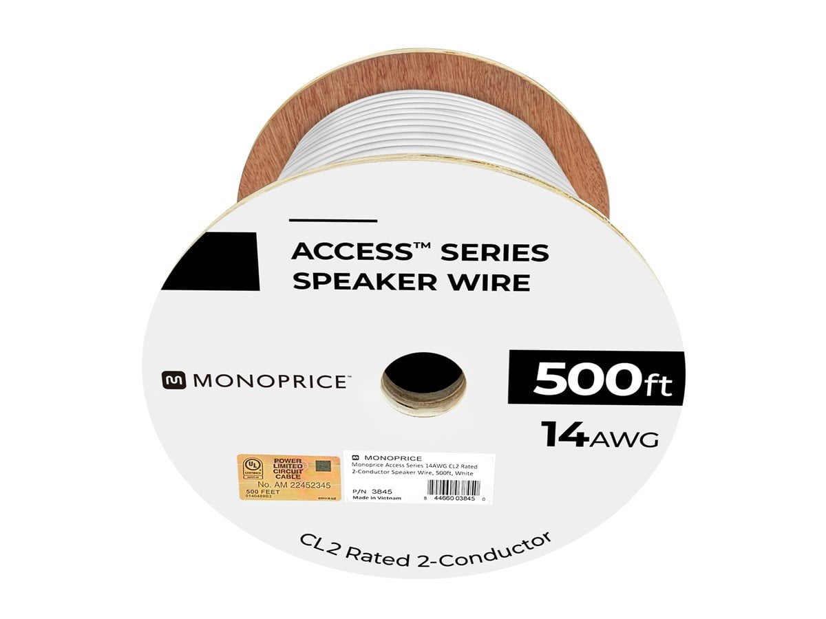 Monoprice Speaker Wire, CL2 Rated, 2-Conductor, 14AWG, 500ft, White