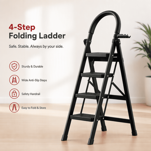 Folding ladder household ladder stool, ultra-thin storage, thickened load-bearing capacity of 500 pounds, anti slip horseshoe foot pad, stable and not shaking. No installation required