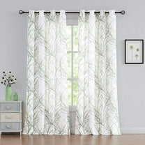 Decoultimatex White Semi Sheer Curtains Green and Grey Branches Printing on Linen Textured White Window Treatment Panels for Living Room Bedroom Drapes, 50"x96"x2