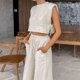 thumbnail image 1 of Pantalones Conjuntos de pantalones sin mangas, conjunto de pantalones de pierna ancha de verano, hombreras de 2 piezas Kuymtek Caqui T L para Mujer, 1 of 9