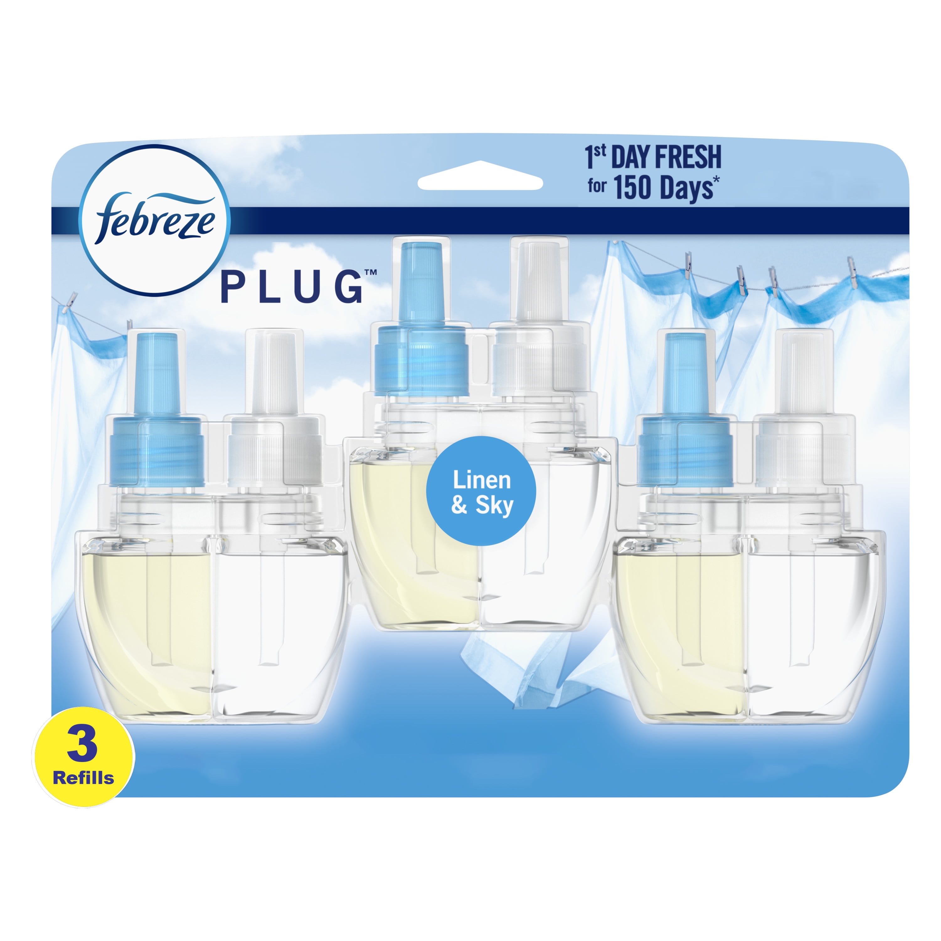 Febreze Odor-Fighting PLUG Air Freshener Refill, Linen & Sky, (3) .87 fl oz Oil Refills