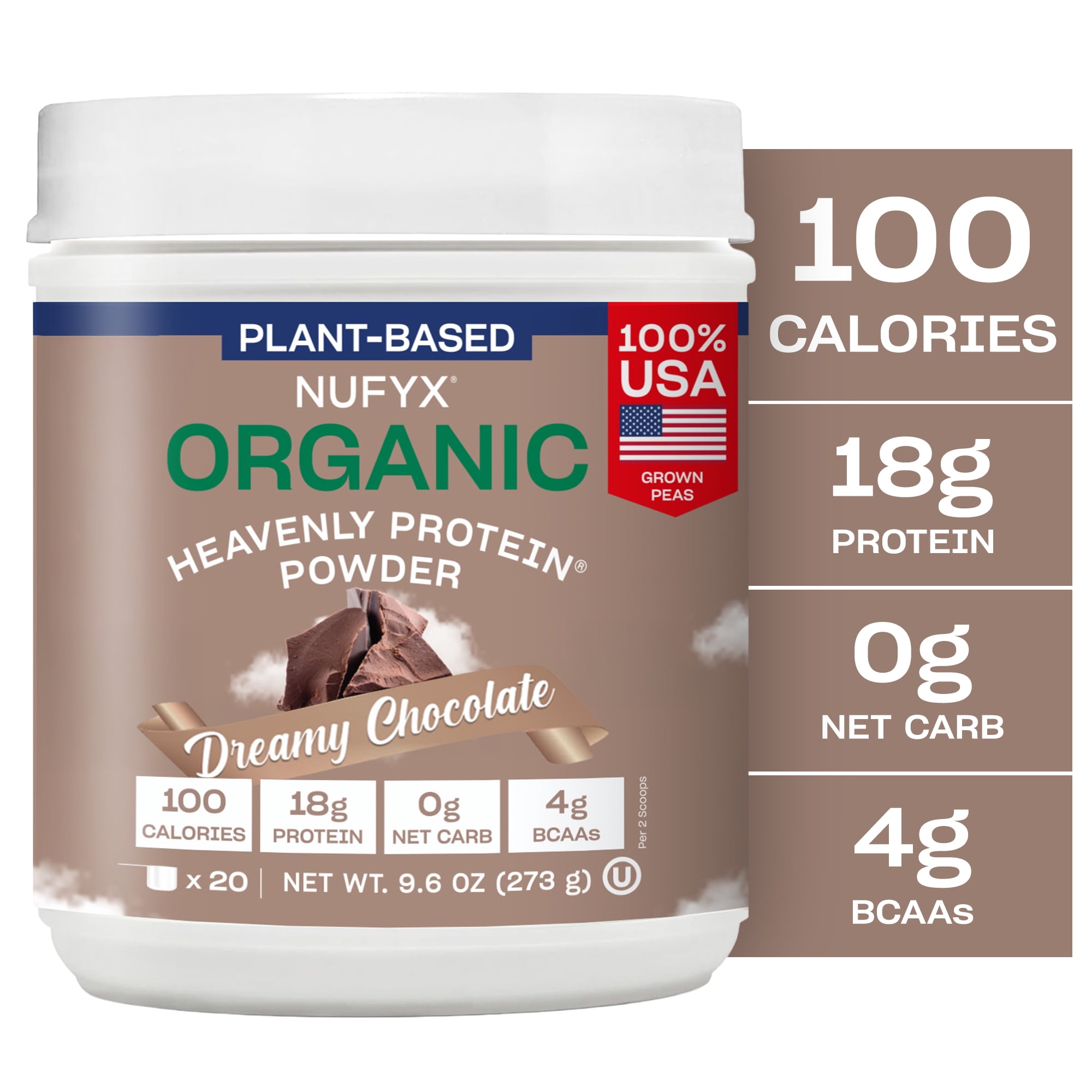 NUFYX Family Owned Organic Plant-Based Protein, Dreamy Chocolate, 18g Protein per 100 Calories, USA Grown Peas