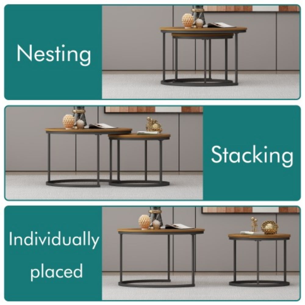 27.6" Nesting Coffee Table Set of 2, Round Wood Marble Pattern Top with Sturdy Metal Frame, Stackable End Tables for Living Room, Bedroom, Office, Rustic Brown & Black