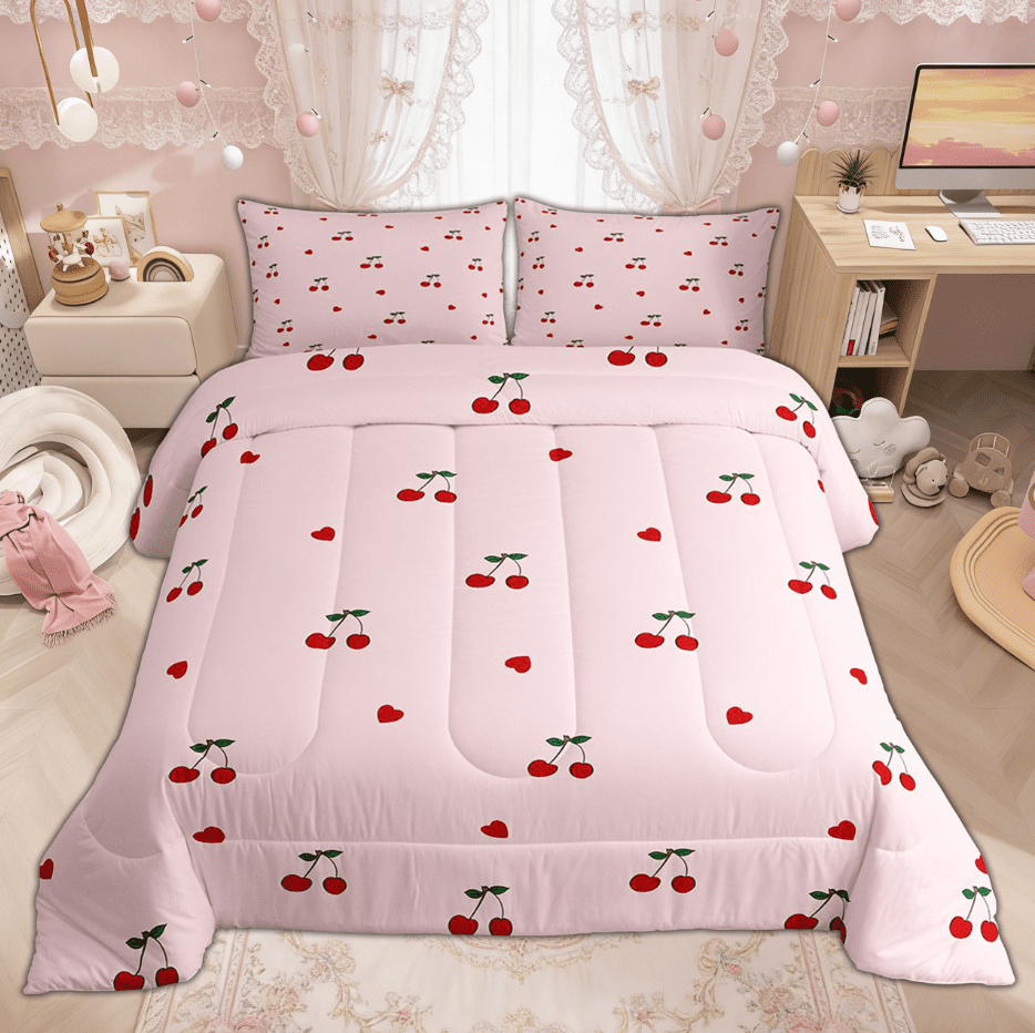 Manfei Girly Pink Cherry Bedding Comforter Set for Kids Girls, Kawaii Cute Cartoon Twin Comforter Sets,Pink Reversible, 2-Piece