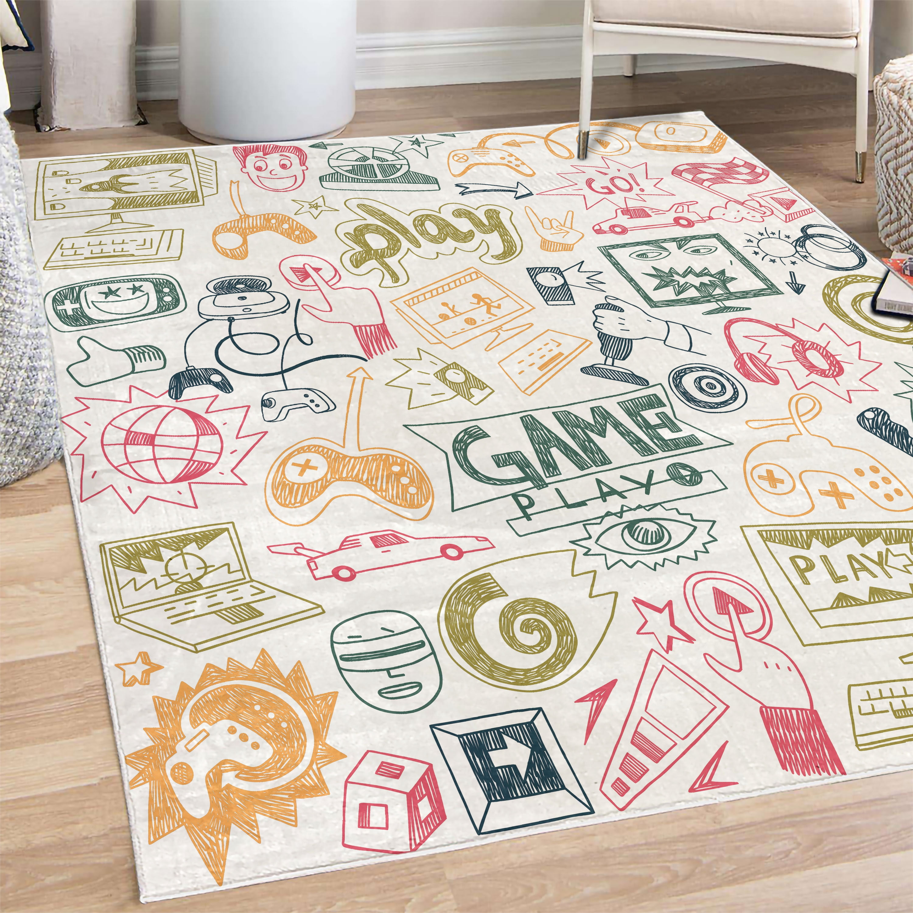 Game Pattern Rug Video Games Decorative Rug, Monochrome Sketch Gaming Design Racing ...