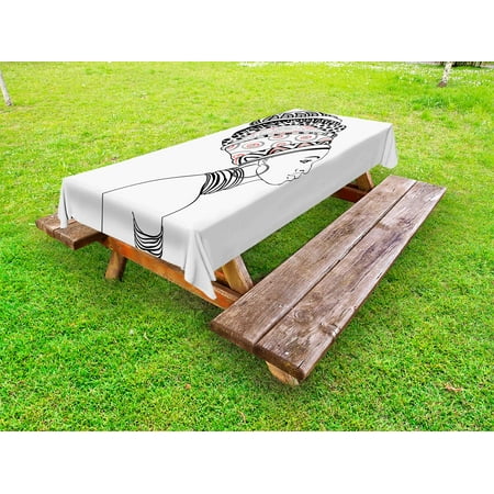 

African Outdoor Tablecloth Exotic Safari Lady in Boho Turban Glamour Authentic Folkloric Fashion Design Print Decorative Washable Fabric Picnic Table Cloth 58 X 84 Inches Grey White by Ambesonne
