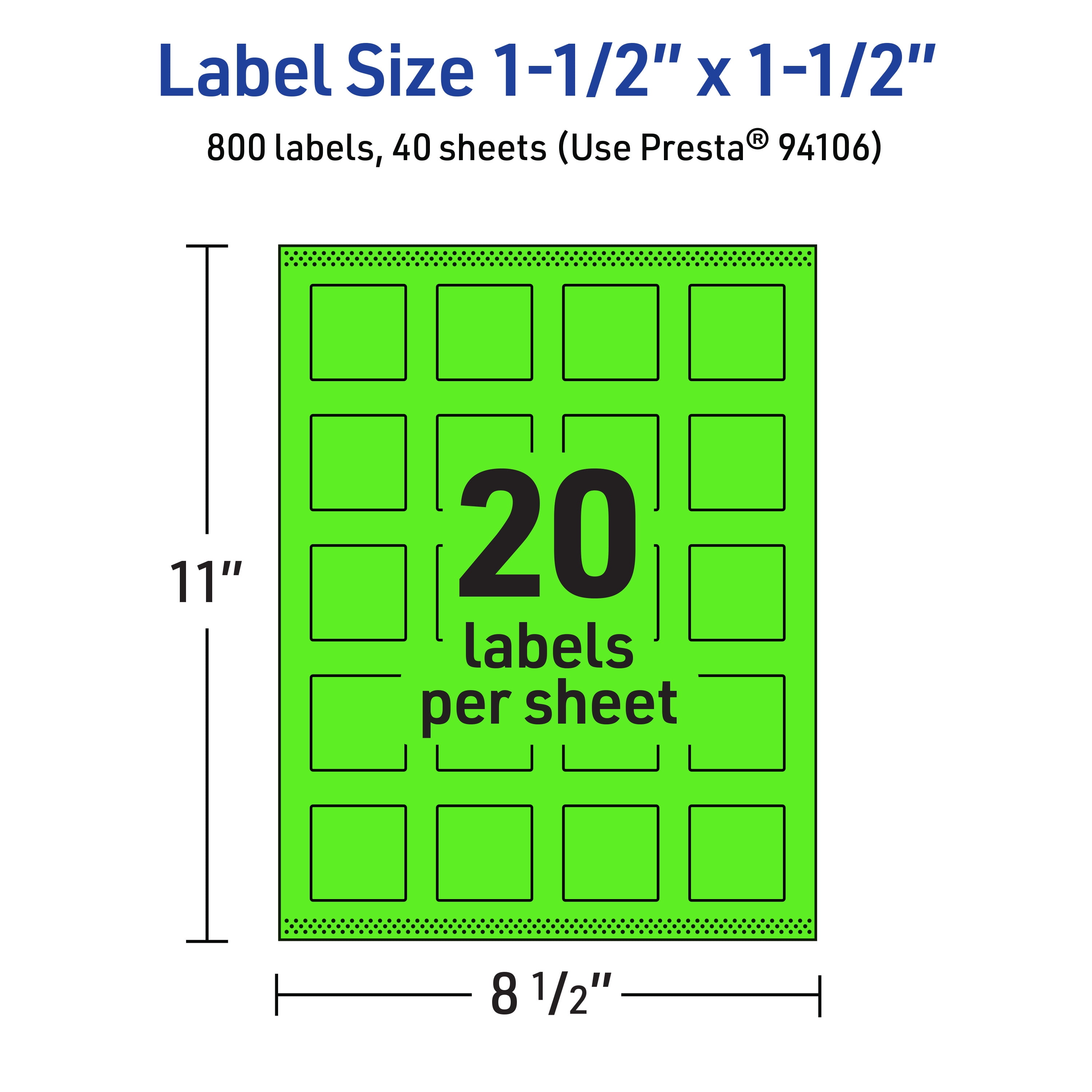 Avery Printable Square Labels, Neon Green, 1.5" x 1.5", 800ct