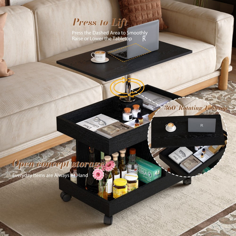 Small Coffee Table with Wheels, 360° Rotating Lift-Top Desktop, Rolling End Table with Storage Shelf, Mobile Bedside Table for Living Room & Bedroom, Black