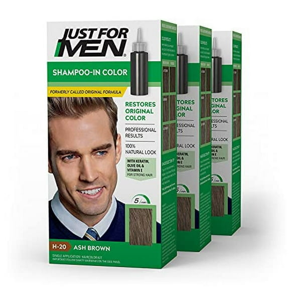 Just For Men Shampoo-In Color (Formerly Original Formula), Gray Hair Coloring for Men, With Keratin and Vitamin E for Stronger Hair - Ash Brown, H-20, 3 Pack (Packaging May Vary)