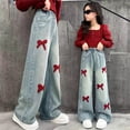 thumbnail image 2 of EnJoCho Girls Wide Leg Jeans Loose High Waist Bow Embroidery Denim Pants Skateboard Style Pocket Trousers For Kids Spring Fall Trendy Y2𝖪 Streetwear Casual Daily Outfit, 2 of 7