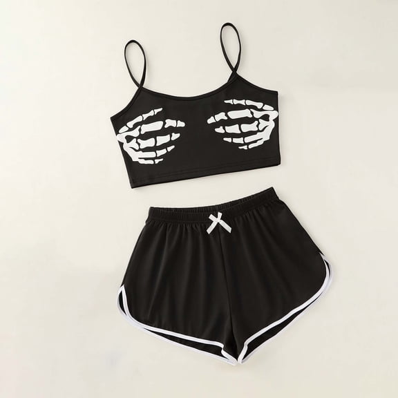HCYSFG Women's Halloween Pajama Sets 2 Piece Skeleton Hands Loose Fit Scoop Neck Cami Top With Sleepwear Shorts Lounge Set
