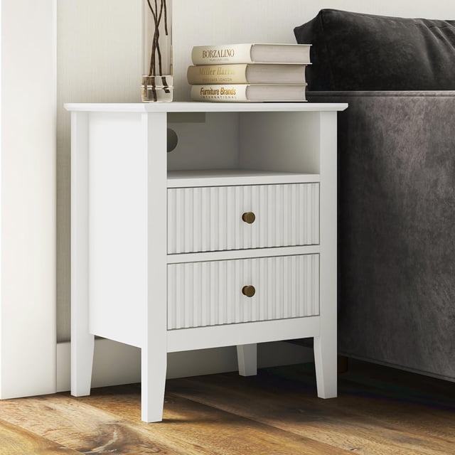 RoyalCraft Fluted 2 Drawer Nightstand, Bedroom Table w/ Charging Station, White