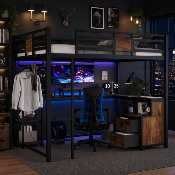Queen Size Metal Loft Bed with Desk & Fabric Drawers, Ladders, Guardrails, No Box Spring Needed, Black