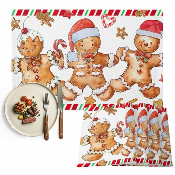 Intage Christmas Gingerbread Man Placemats Set of 2, Red Green Stripes Table Mats Washable Heat-Insulation Non-Slip Place Mats for Kitchen Dinner Table Indoor Outdoor Decor,13x19 Inch White