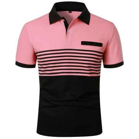 SSAAVKUY Mens Fashion Color Block Polo Shirts Casual Short Sleeve T Shirt Striped Moisture Wicking Golf Shirts Tops Pink L