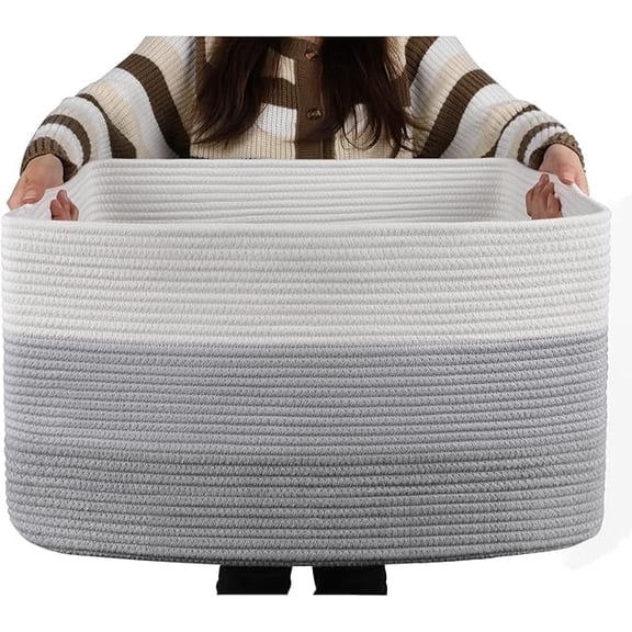 75L Large Blanket Basket(25"x16"),Large Blanket Basket for Organizing, Dog Toy Bin,baby laundry basket,Cotton Rope Blanket Basket for Living Room, Laundry, Nursery, Pillows (White and Brown)