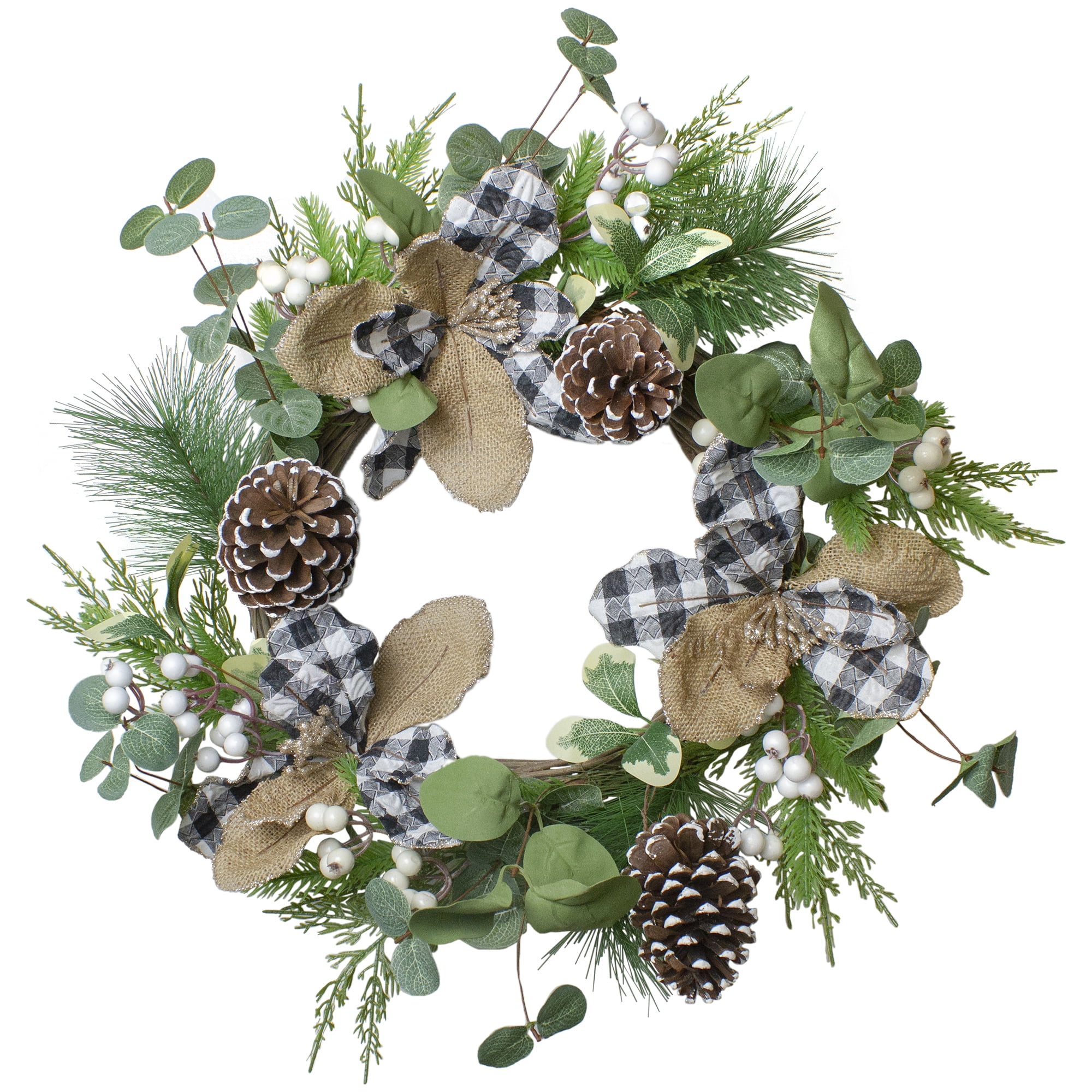 Magnolia and Frosted Pine Cones Artificial Christmas Wreath 22Inch