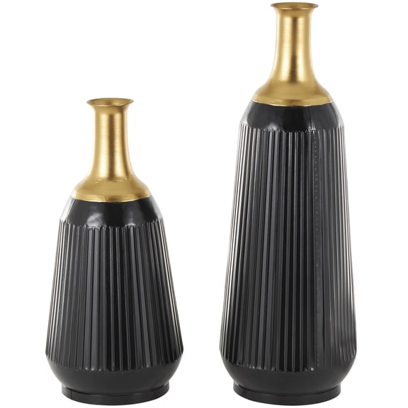 DecMode 30", 23"H Tall Ribbed Black Metal Vase with Gold Tops, Set of 2