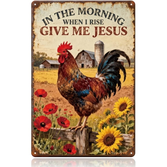 Farm Rooster Vintage Metal Tin Sign, 12x8 Inch In The Morning When I Rise Retro Art Sign Funny Farmhouse Decor Gifts Plaque for Fence Kitchen Home Garden Farmhouse Yard Wall Poster