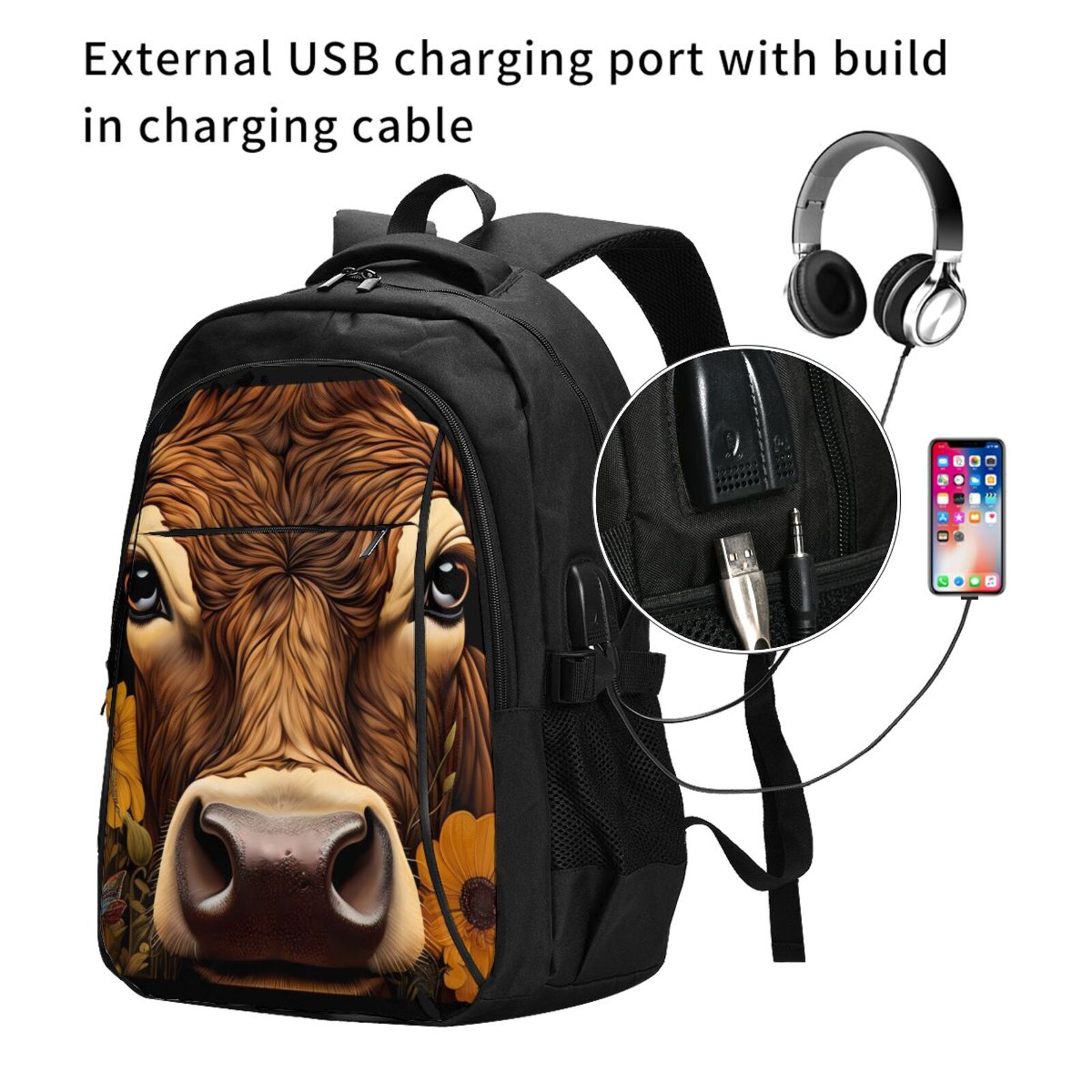 Vsdgher Sunflower Butterfly Cow Print Travel Laptop Backpack, Laptops Backpack with USB Charging Port, Water Resistant Computer Bag Gift for Men & Women