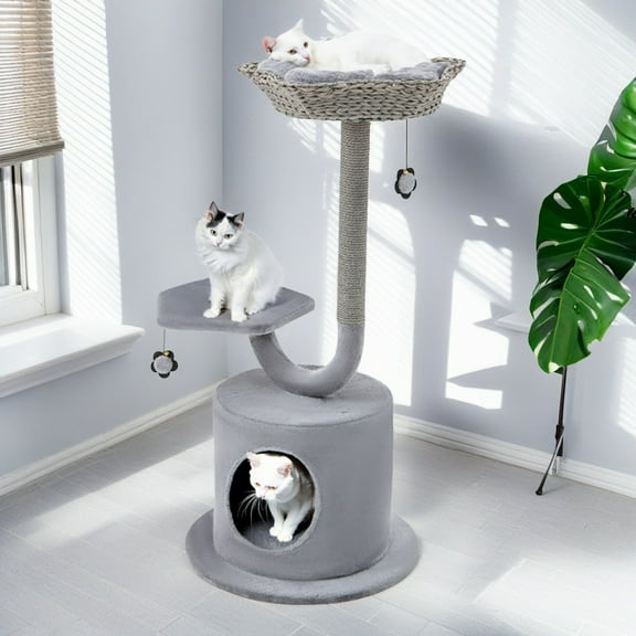 Demi Bonn 42" Cat Tree Tower, Small Cat Condo with Curved Metal Supporting Frame, Cat Tree House with Perch and Hanging Ball, Gray
