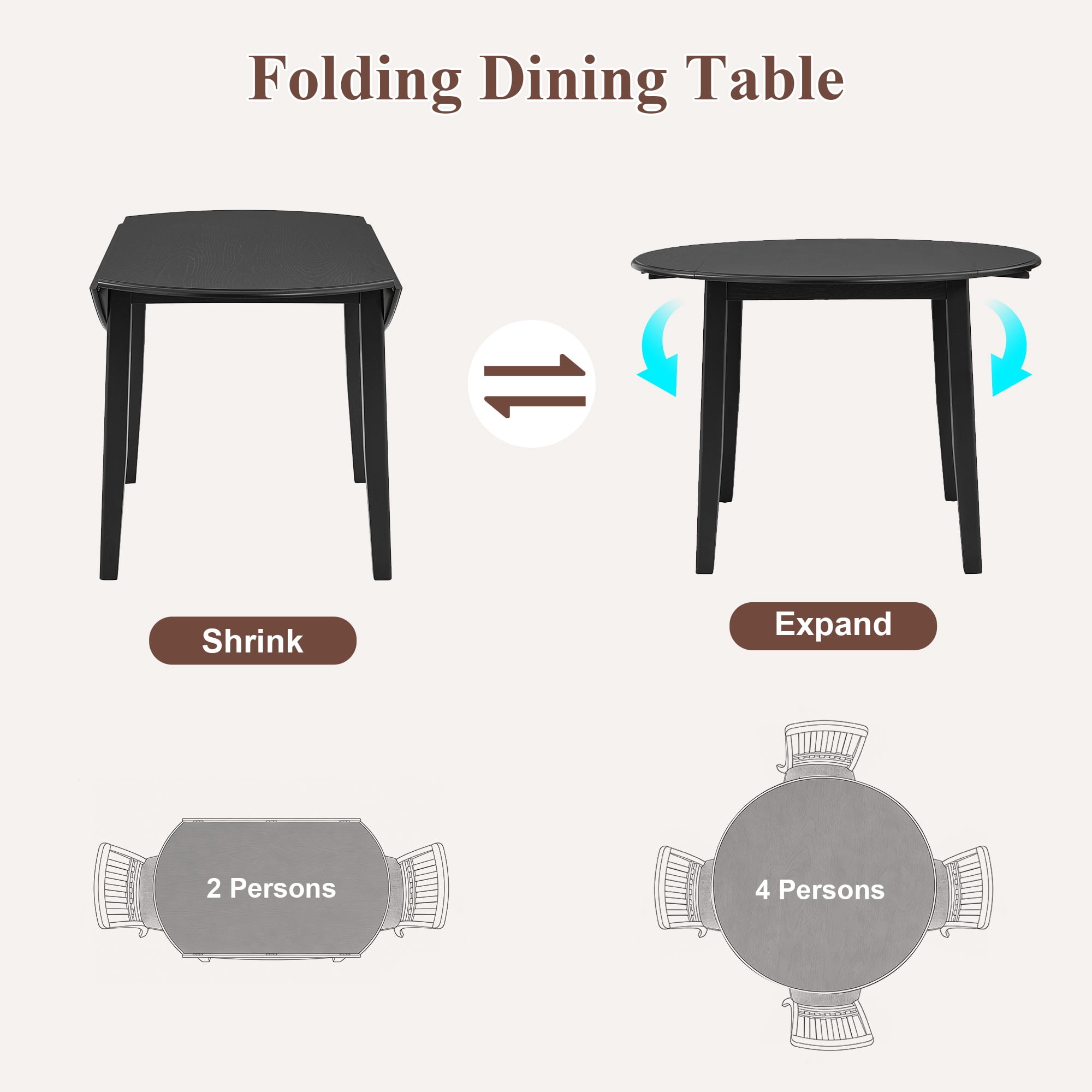 Euroco 5-Piece Round Dining Table Set for 4, Folding Wood Dining Table with 4 Upholstered Chairs, Farmhouse Kitchen Table Set for Small Space,Apartments,Black
