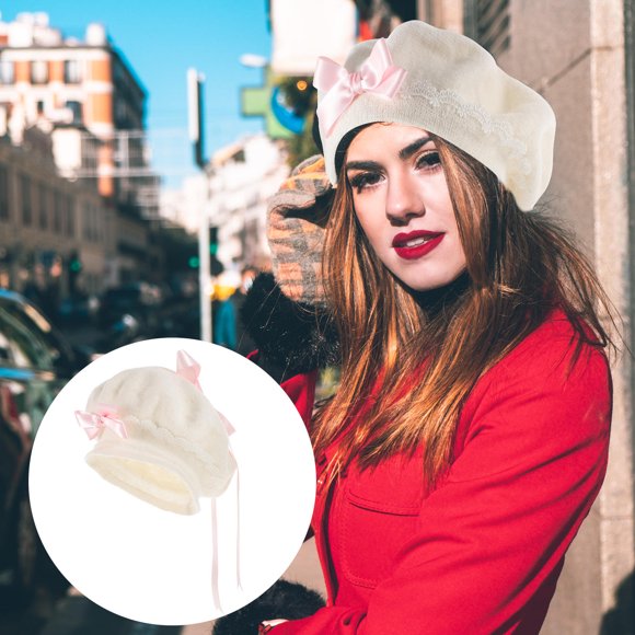 CTIRCHIU 1Pcs Bowknot Beret Hat Wool Pink Bow With Beige For Teens Theme Party